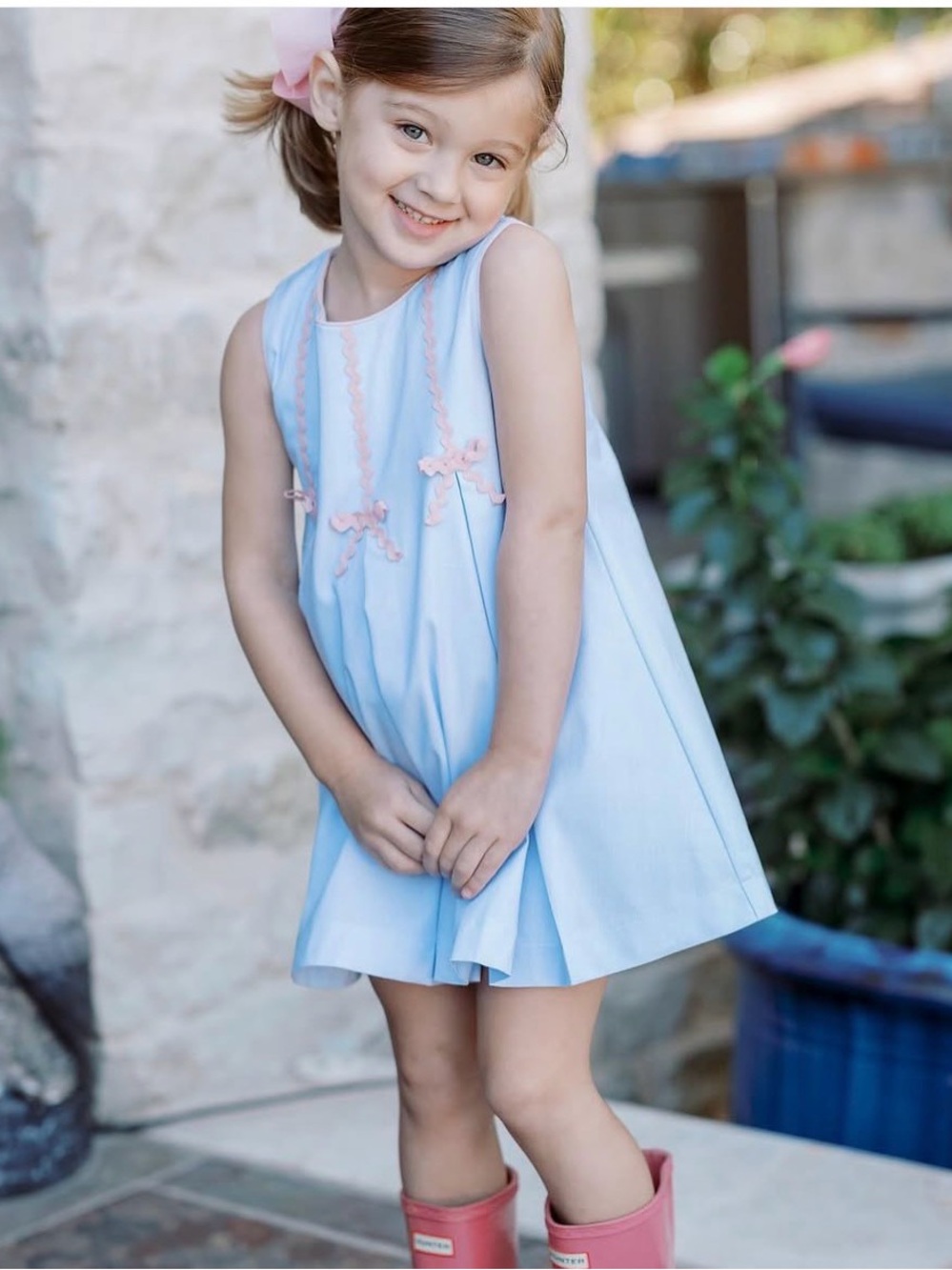 The Proper Peony Blue Dress With Pink Bows Size 7
